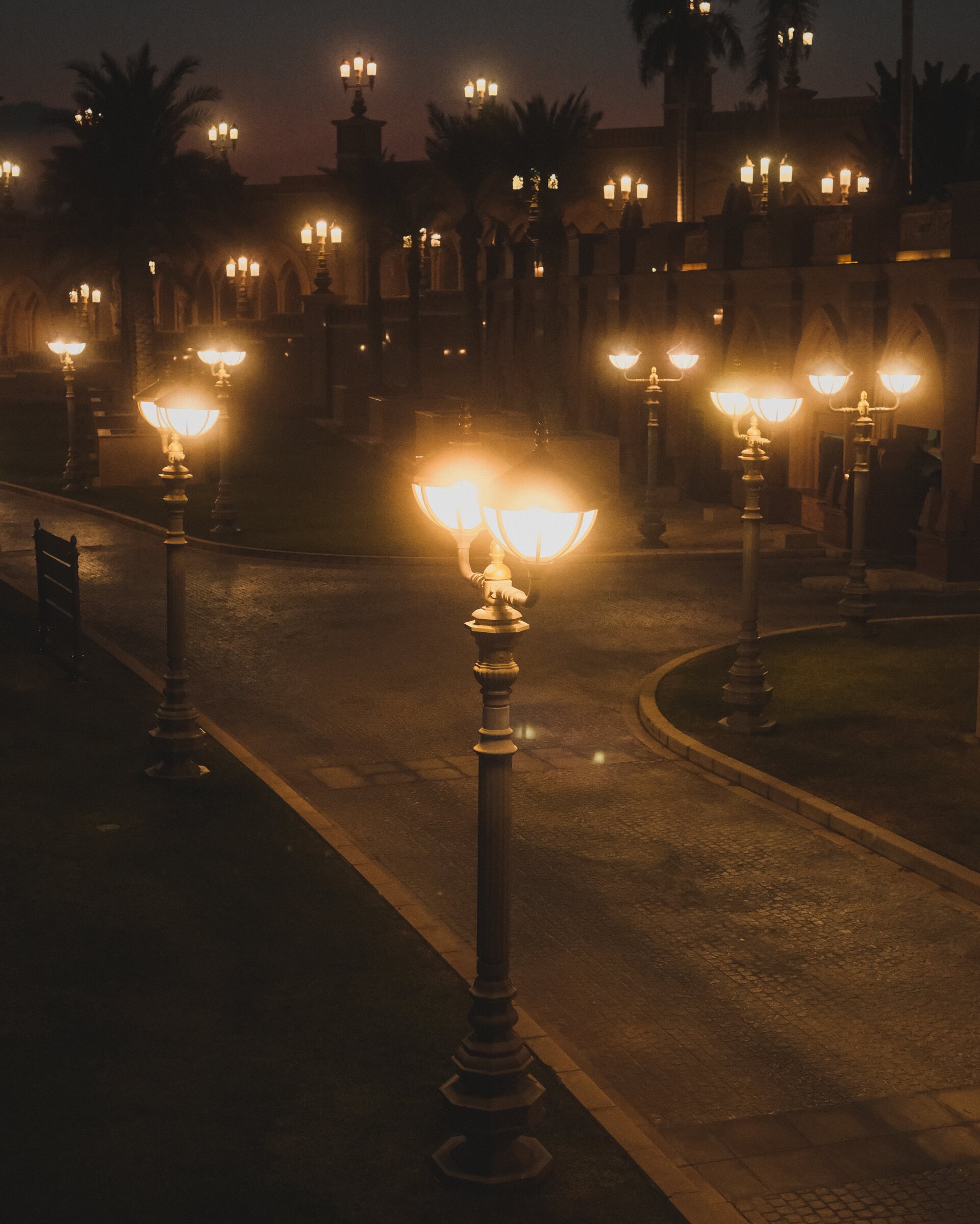 Warmly lit lamps along a misty palace driveway at night